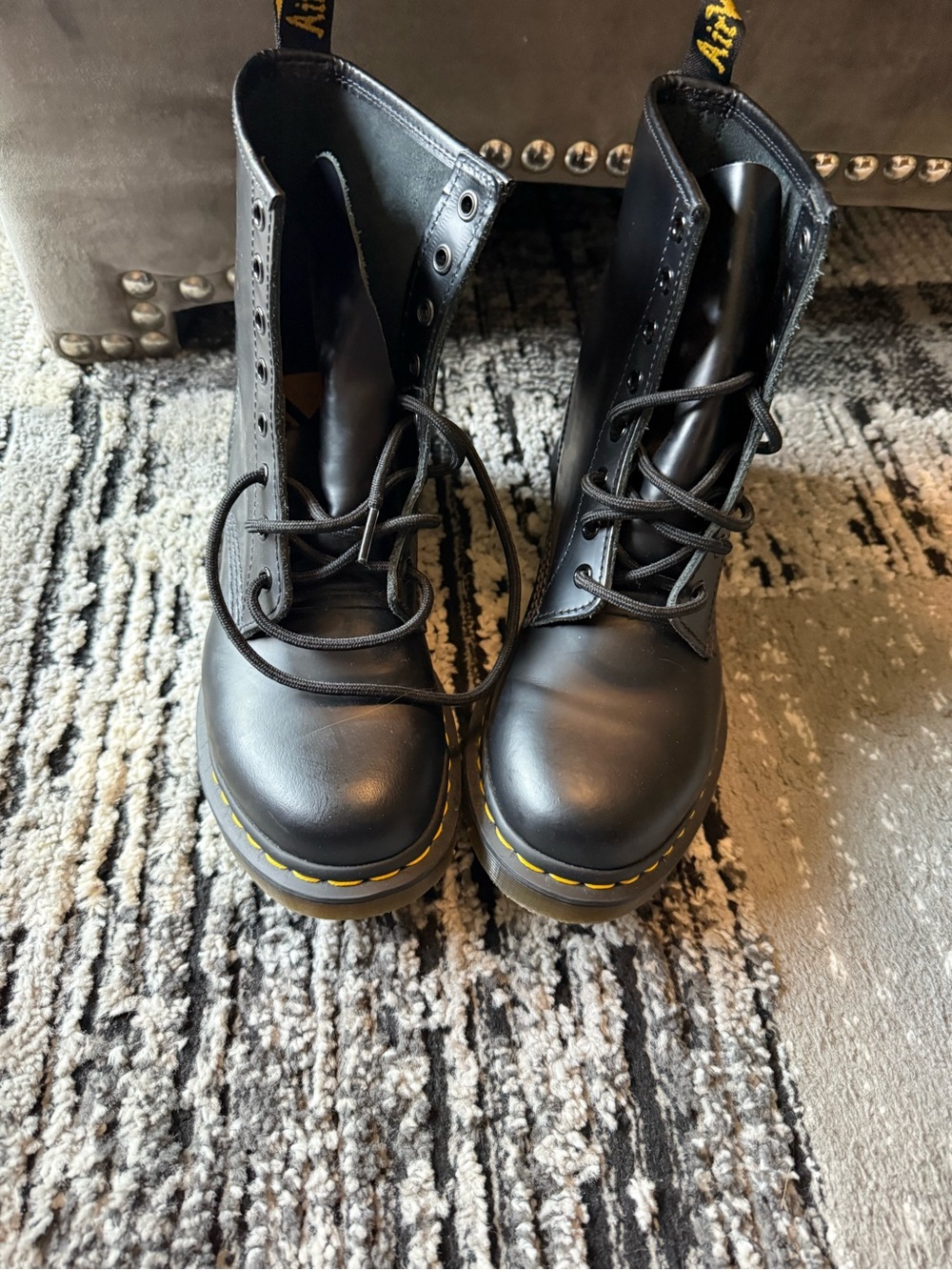Dr. Martens Black Leather Lace-Up Boots with Yellow Stitching